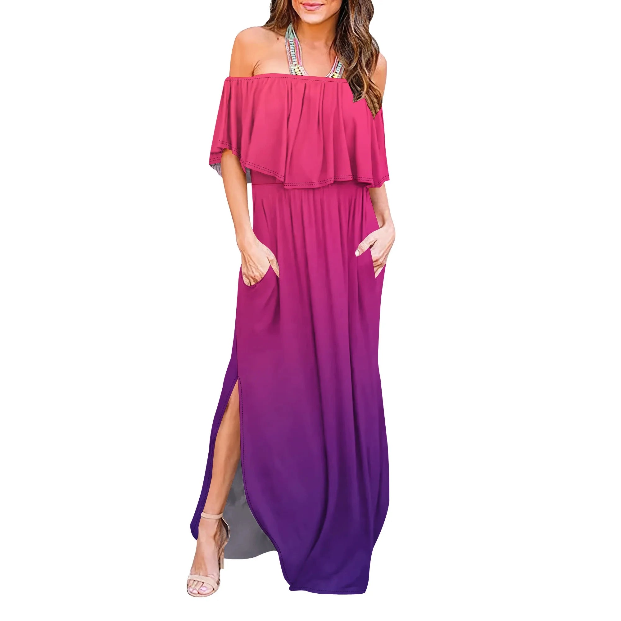 Womens Off The Shoulder Ruffle Party Dresses Side Split Beach Maxi Dress