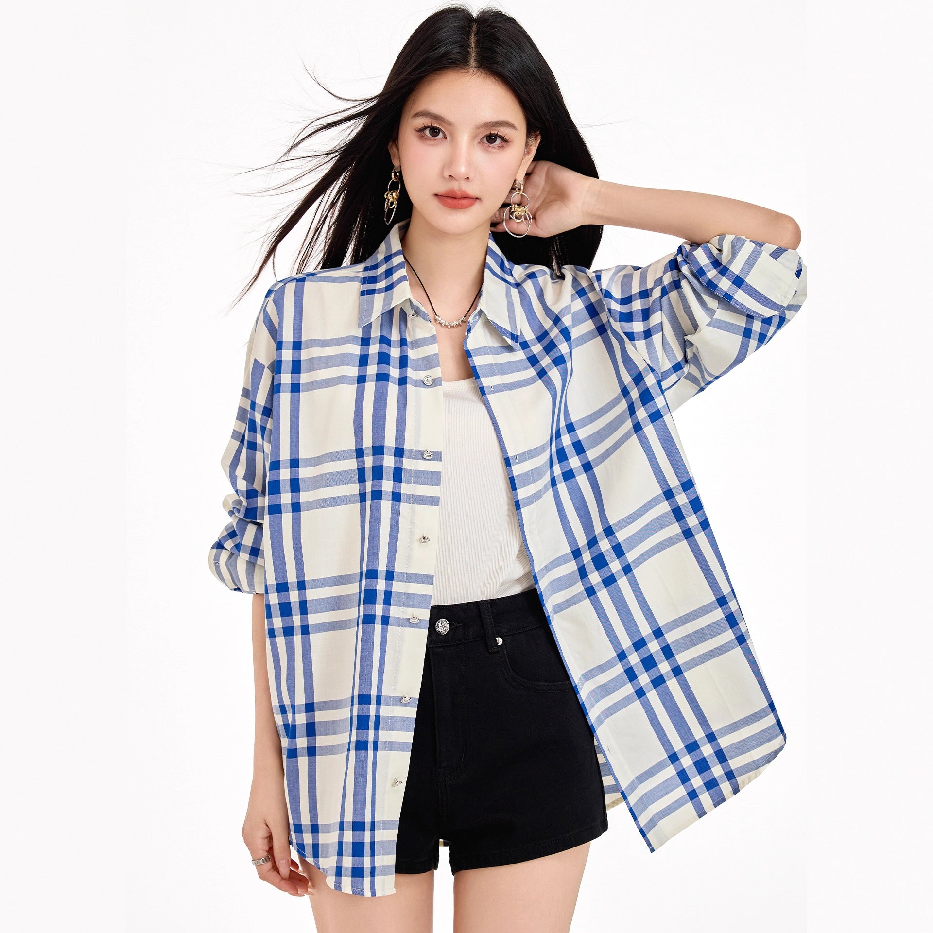 Chic Blue Checkered Shirt Jacket for Women Striped Long Sleeve BlouseRelaxed Fit, Brightening Top