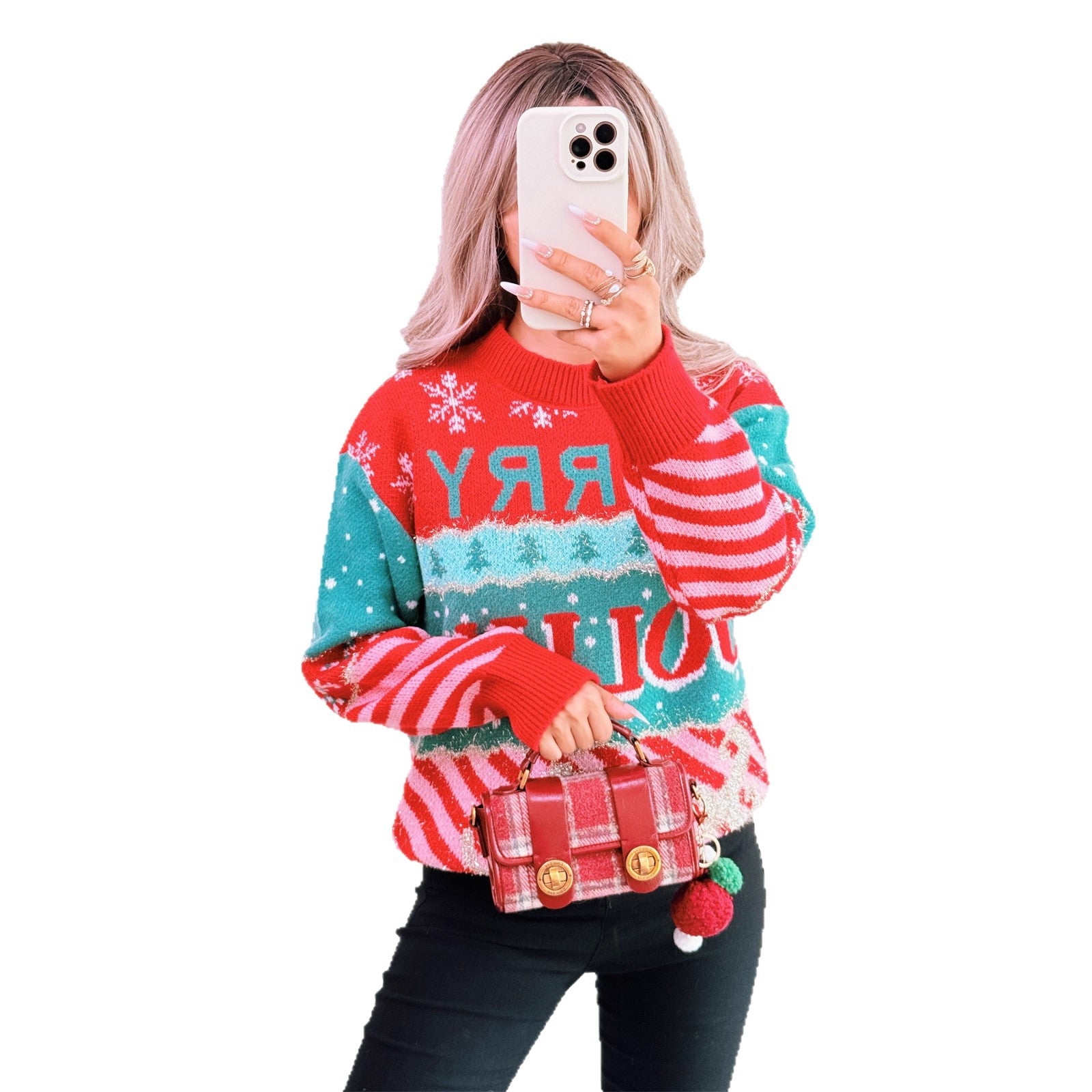 Color blocking knitted pullover sweater with round neck retro long sleeved casual sweater for women