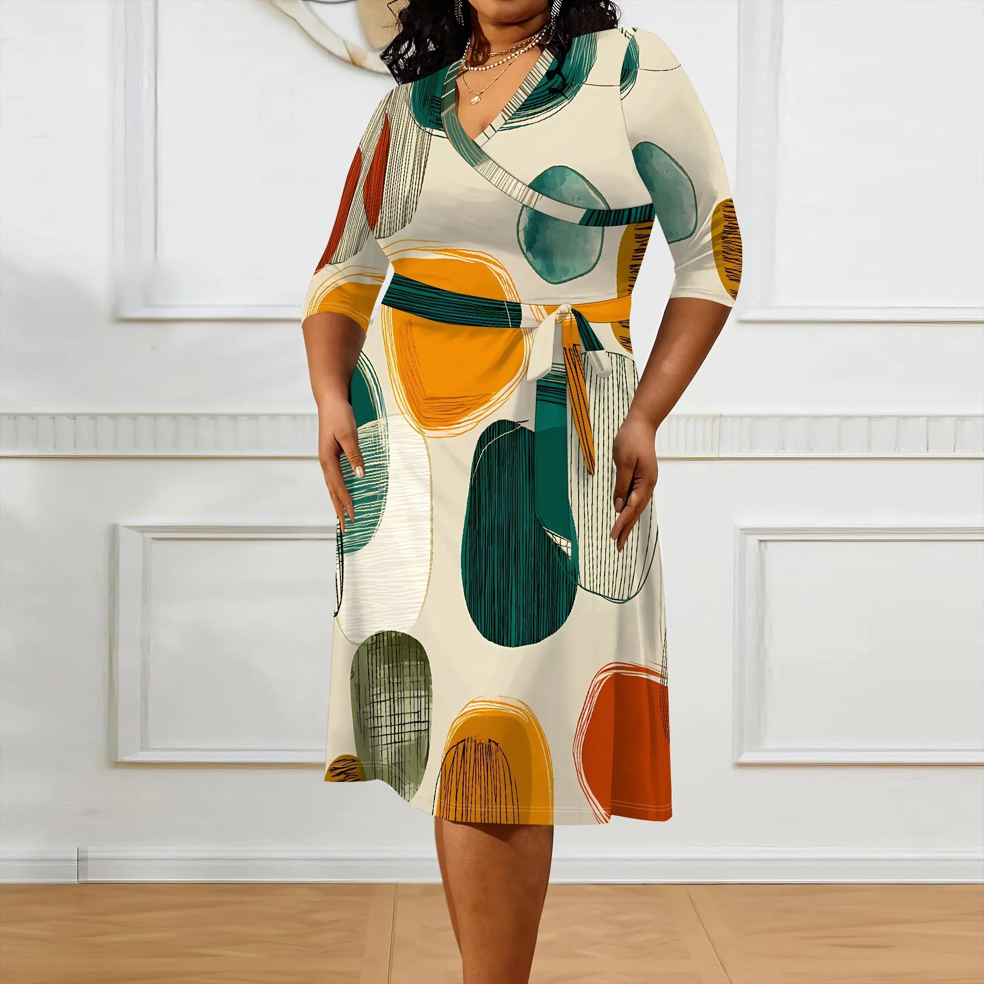 Plus Size V-Neck Wrap Midi Dress Abstract Dot Print Artistic Style Half Sleeve Summer Look