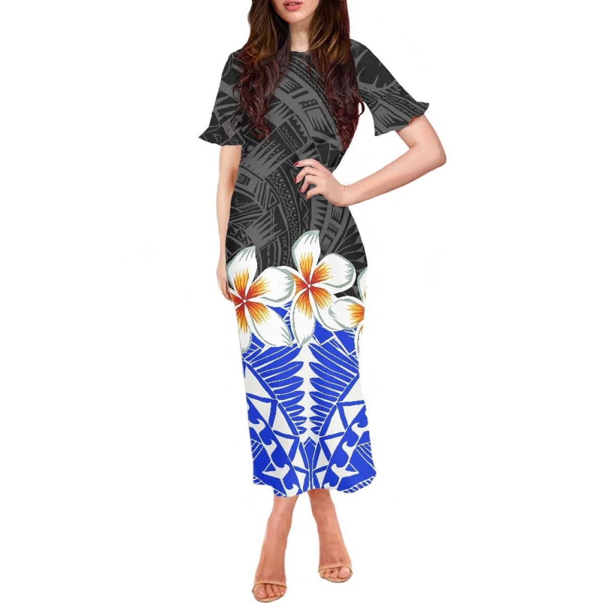 Summer Flowers Polynesian Tiare Monoi Tattoo Dress Hawaiian Style Women's Ruffle Short Sleeve Dress Casual Clothing