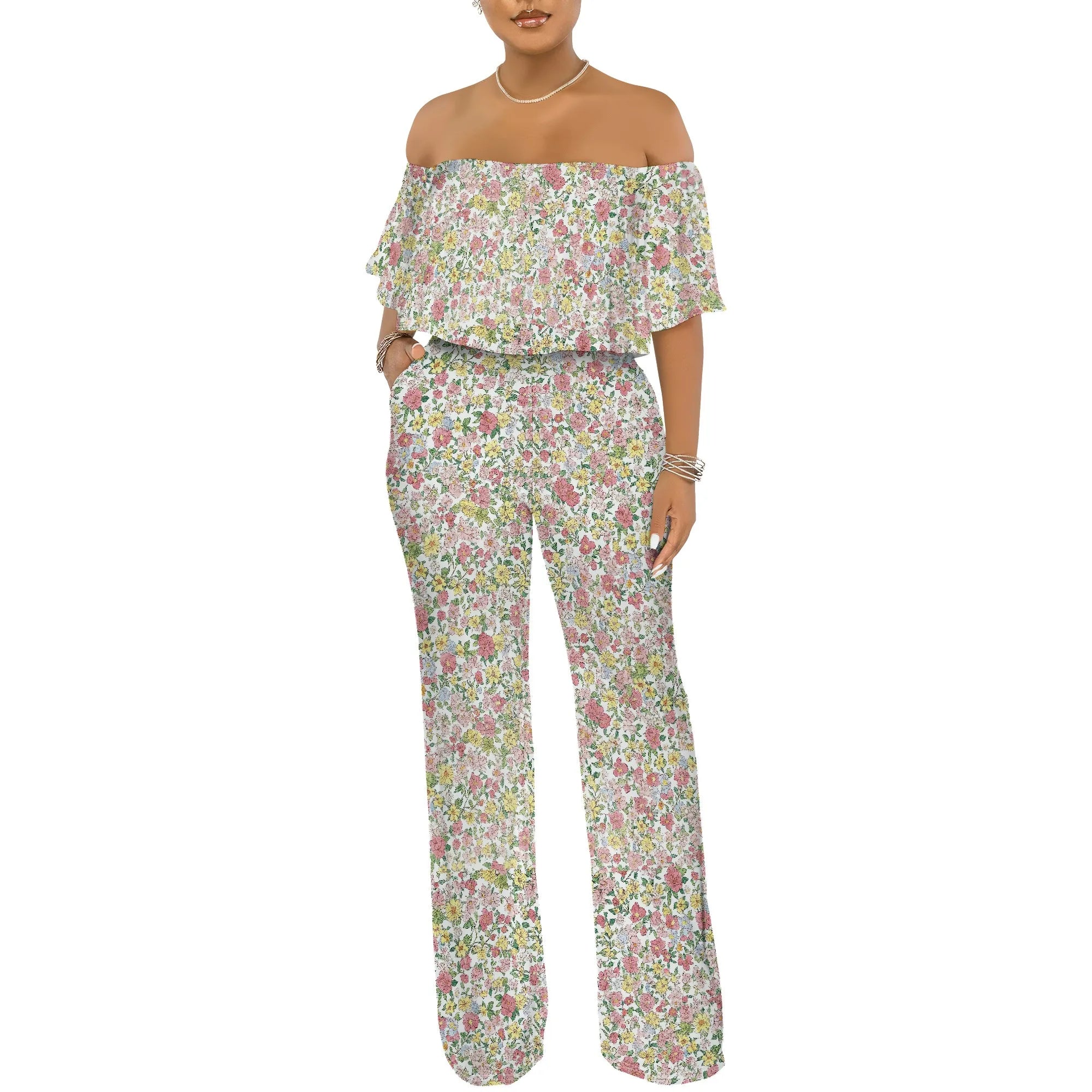 Off Shoulder Tube Top Ruffle Floral Print Jumpsuits for Women Wide Leg Pants Club Party Outfits Jumpsuit with Pockets
