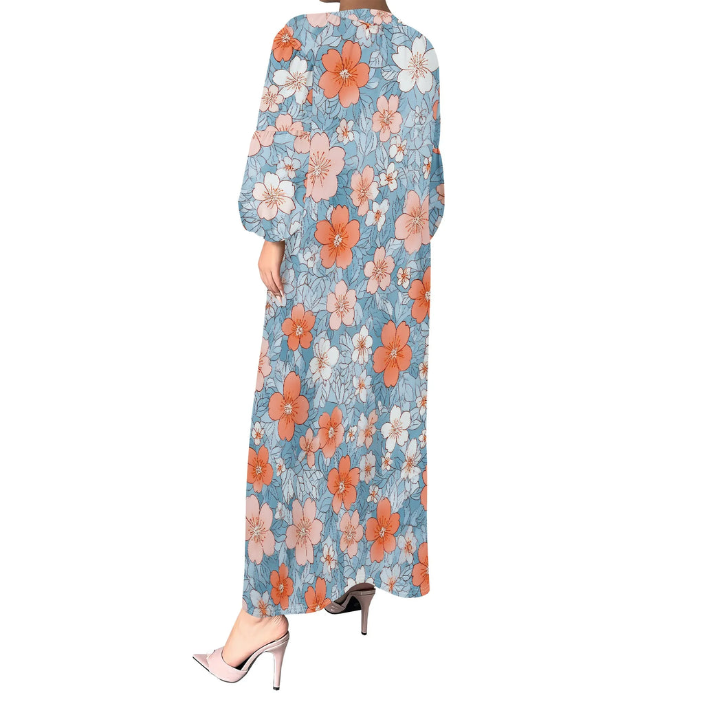 Women's Summer Boho Floral Long Sleeve V-Neck Midi Dress Casual Loose Colorful Beach Vacation Dress with Pockets