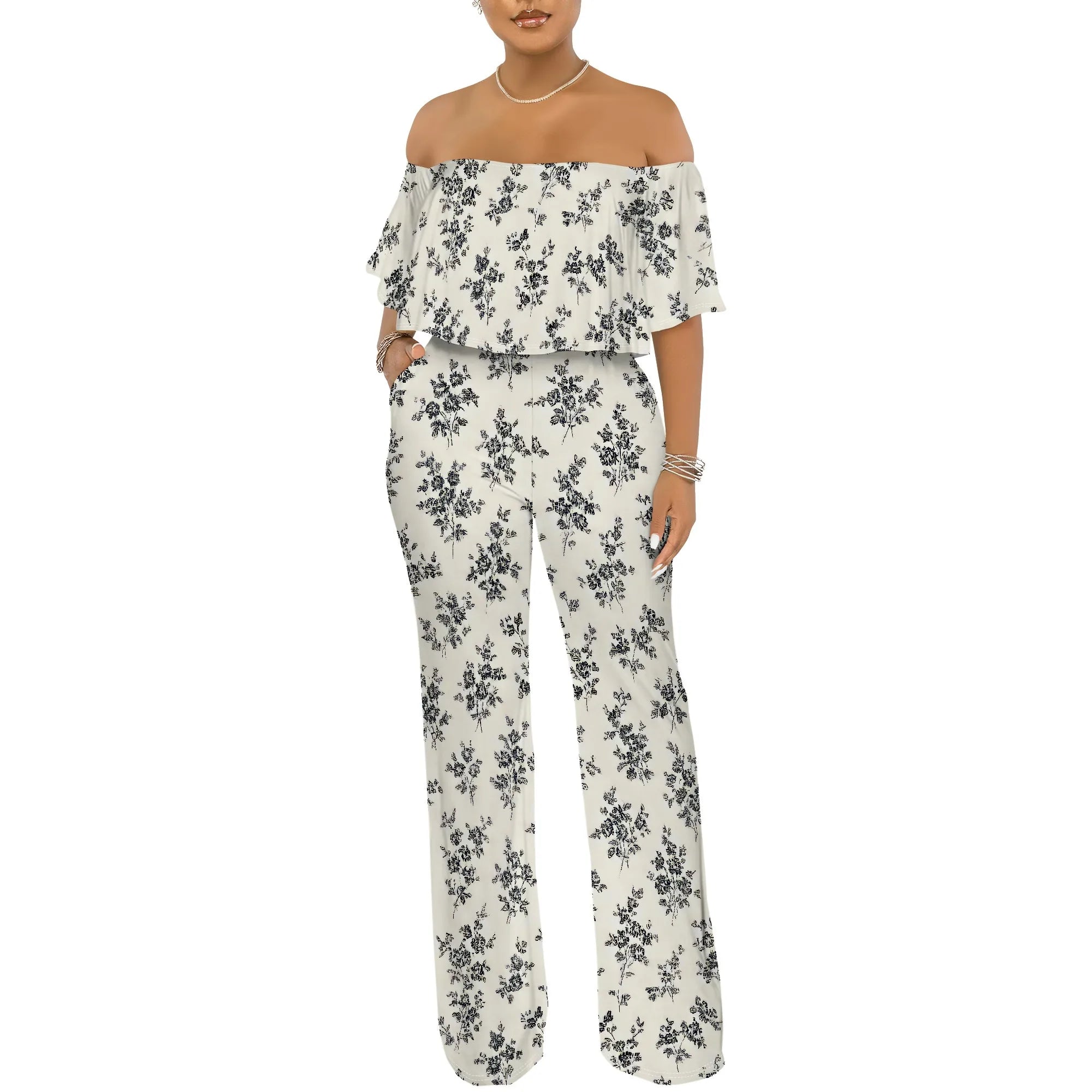 Off Shoulder Tube Top Ruffle Floral Print Jumpsuits for Women Wide Leg Pants Club Party Outfits Jumpsuit with Pockets