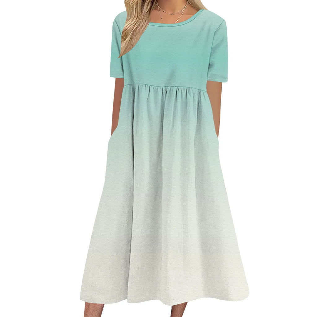 Robe longue en lin à manches courtes pour femme, coupe ample et décontractée, grande taille, avec poches, idéale pour la plage. 