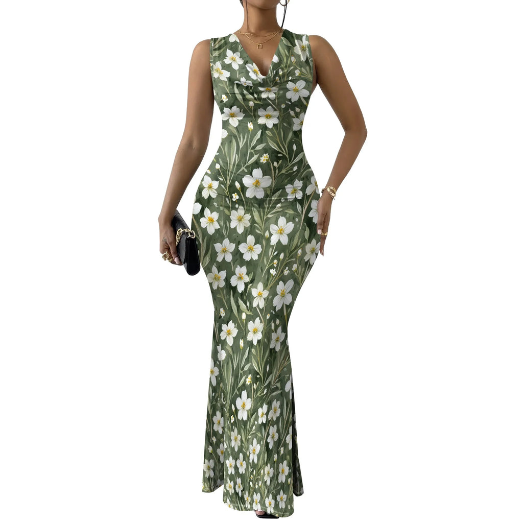 Vestido ajustado sin mangas con escote en V sexy para mujer, elegante e informal, con falda tubo, estampado floral, para cóctel y noche larga 