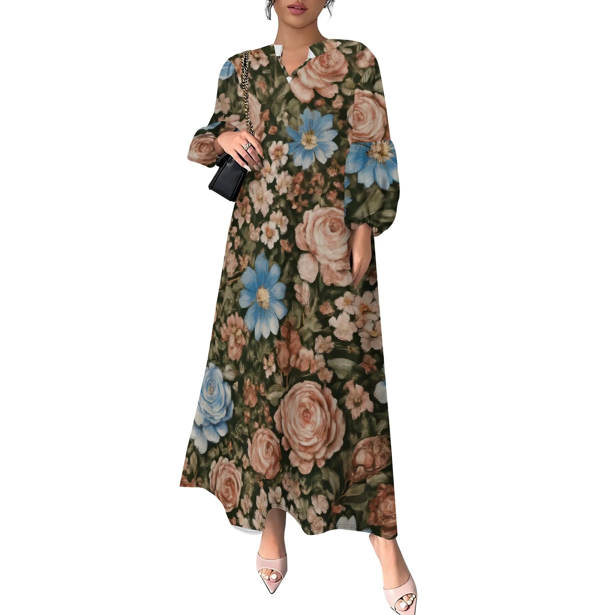 Women's Summer Boho Floral Long Sleeve V-Neck Midi Dress Casual Loose Colorful Beach Vacation Dress with Pockets