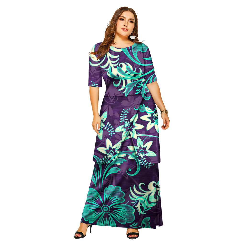 Vestido largo elegante con mangas florales para mujer, estilo hawaiano de las Islas del Pacífico, para playa, Puletasi 