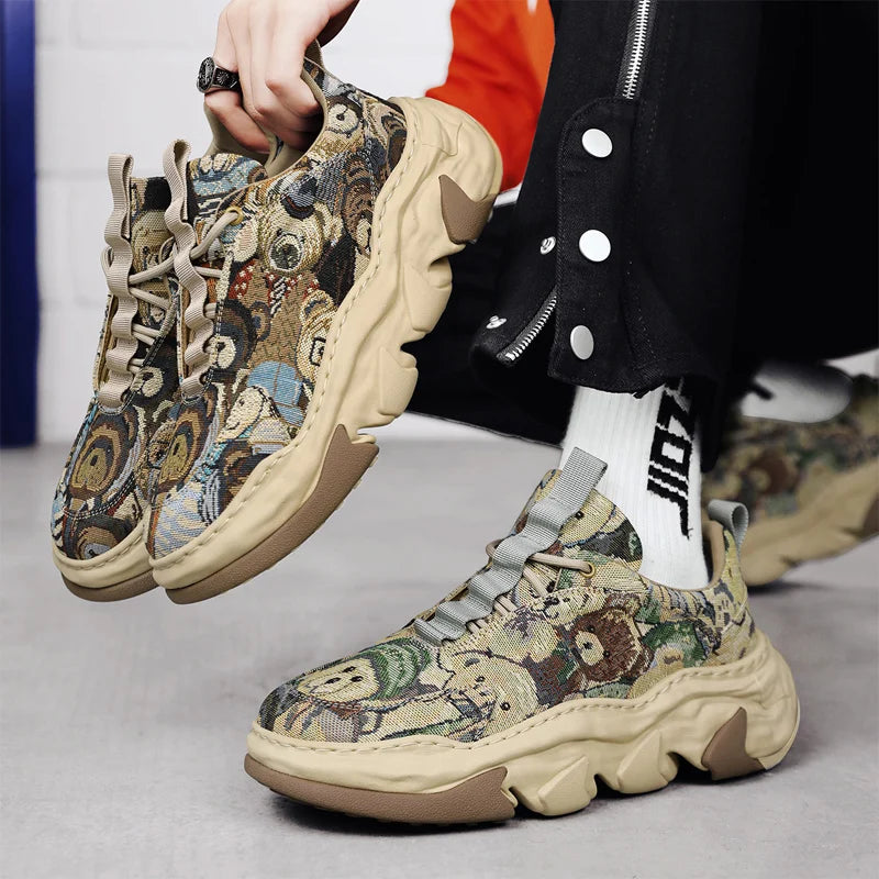 Canvas breathable thick sole height increasing dad shoes with dissolved sole, trendy sports running shoes