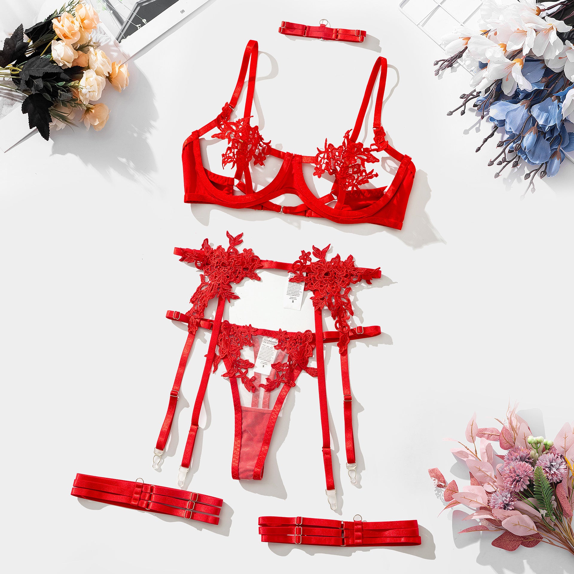 Embroidered Water-Soluble Flower Girl Clothing Sheer Mesh Sexy Export Underwear Bra Set