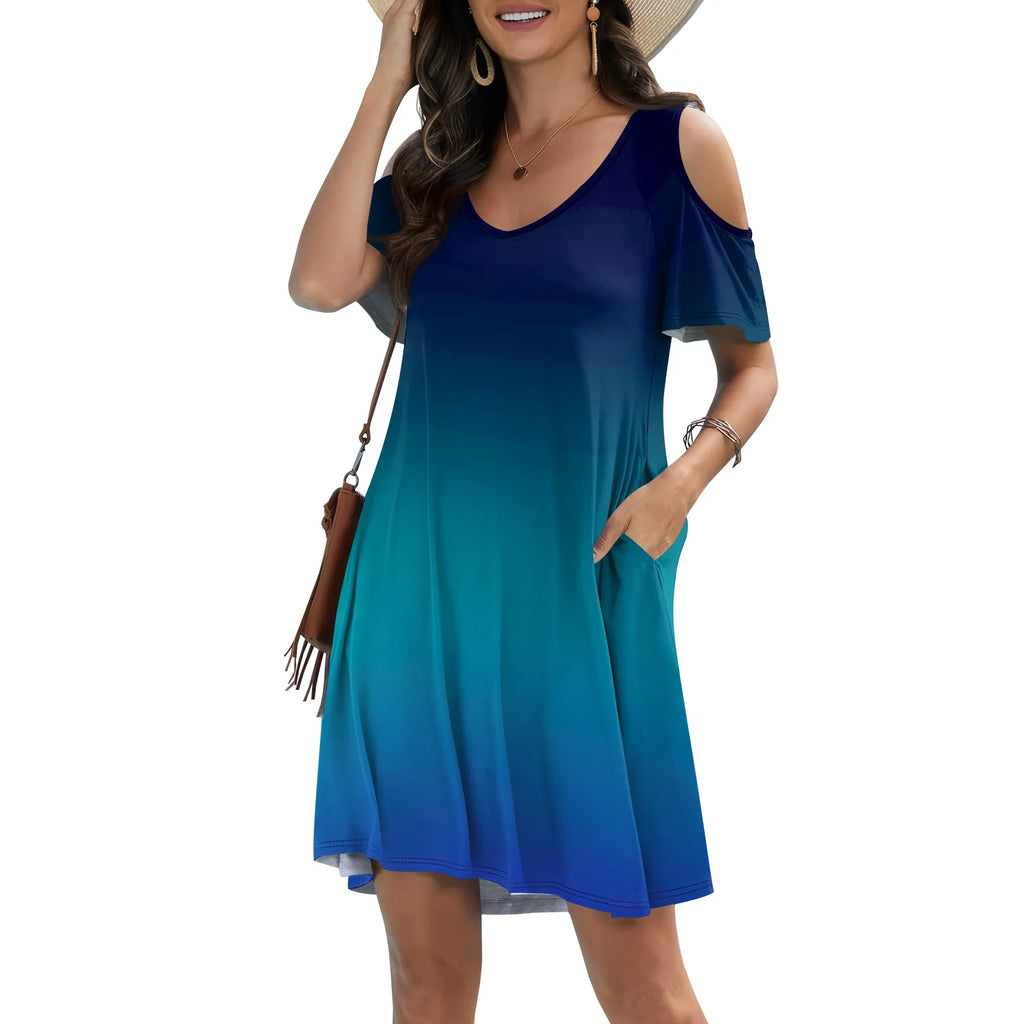 Vestido estilo camiseta de manga corta con hombros descubiertos, escote en V y bolsillos para mujer, talla grande 