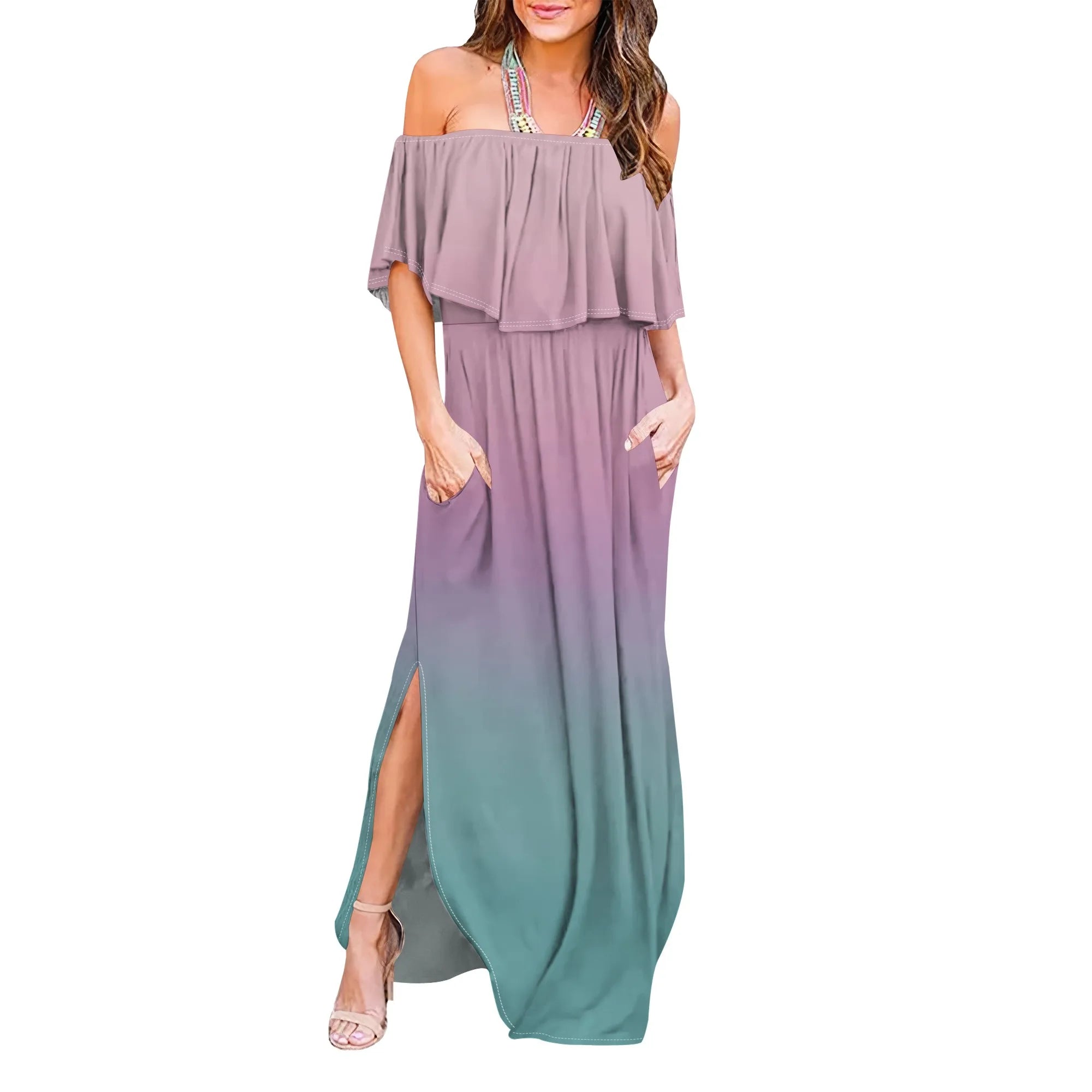 Womens Off The Shoulder Ruffle Party Dresses Side Split Beach Maxi Dress