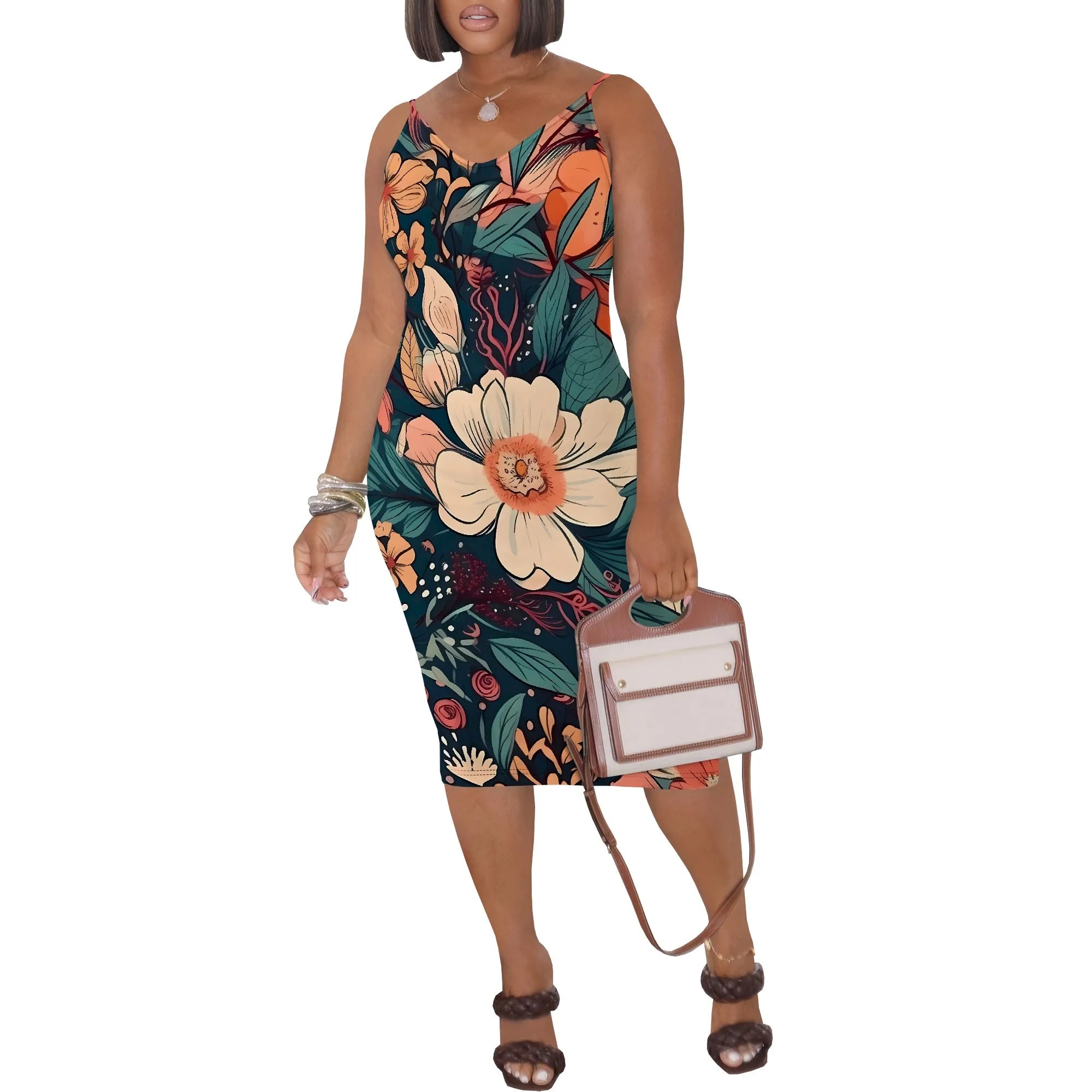 Summer Floral Spaghetti Strap Bodycon Midi Dress for Women Sexy Sleeveless Sundress Beach Vacation Wear