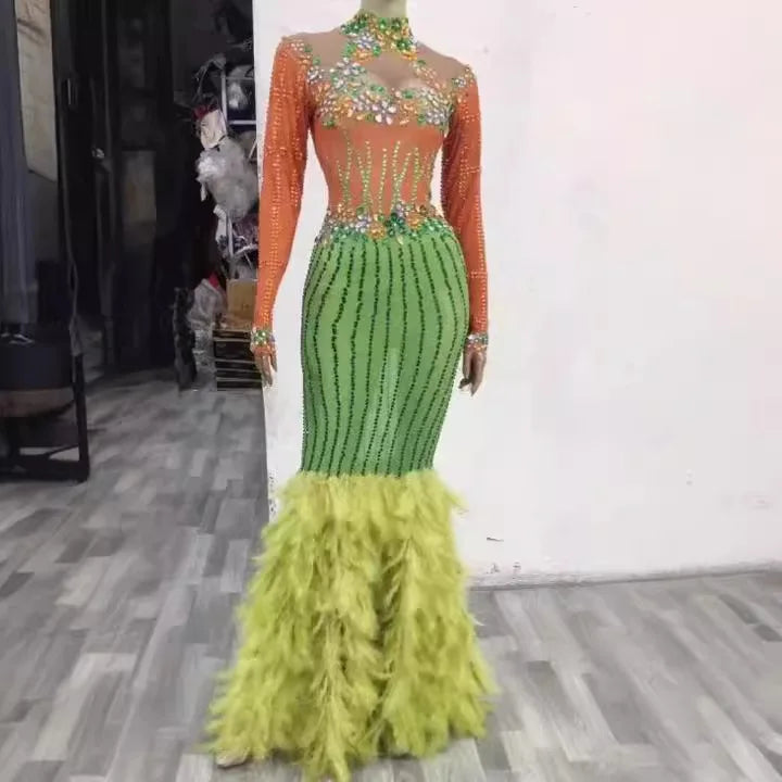 Diamond Birthday Clothing New Year's Shiny Diamond Yellow Feather Fancy Evening Dress Elegant Dinner Network Luxury Prom Dresses