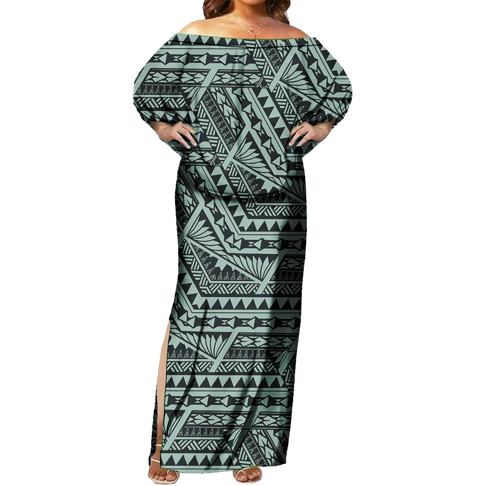 Tapa Tribal Design Sexy off Shoulder Sleeveless Dress Tropical Floral Print Polynesian Fashion Maxi Dress Tight