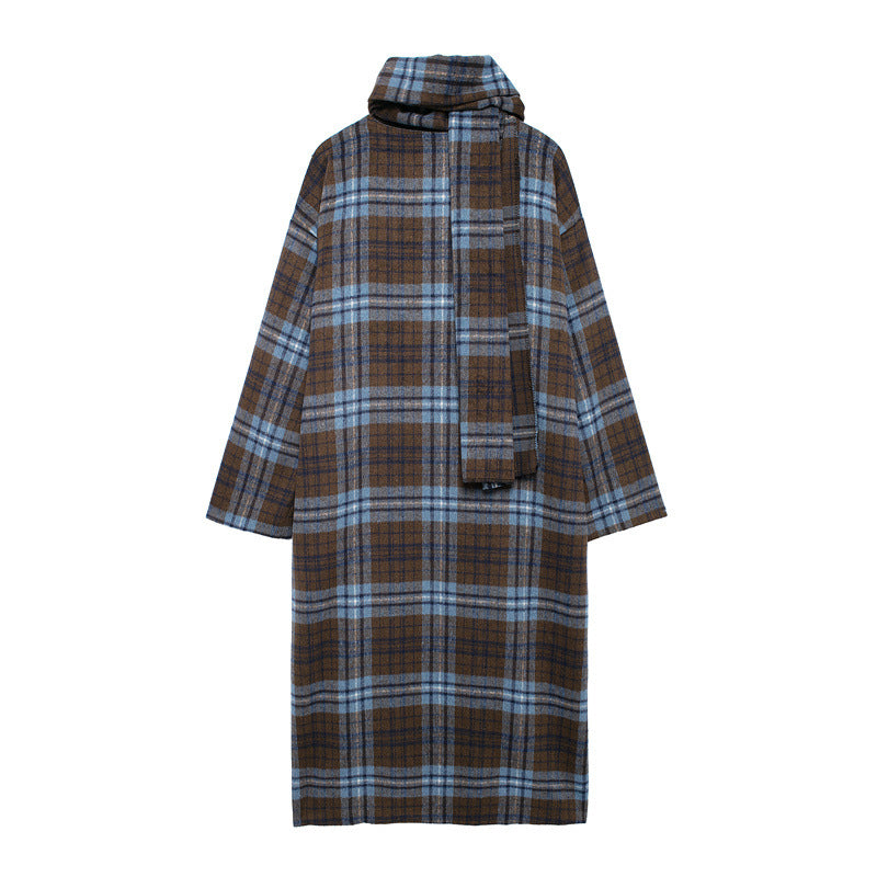 European and American style women's fashion temperament scarf collar long sleeved woolen plaid coat long coat