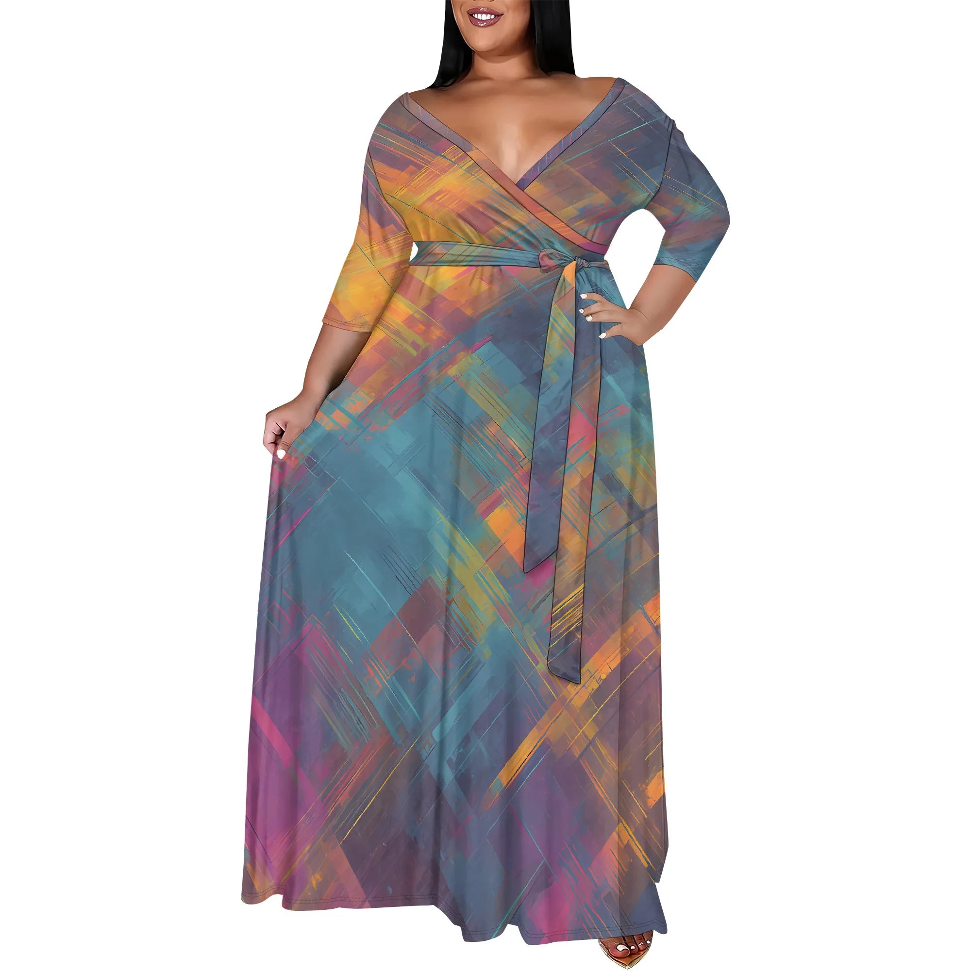 Plus Size Women's 3/4 Sleeve V-Neck Abstract Colorful Print Wrap Maxi Dress Fashion Boho Summer Style