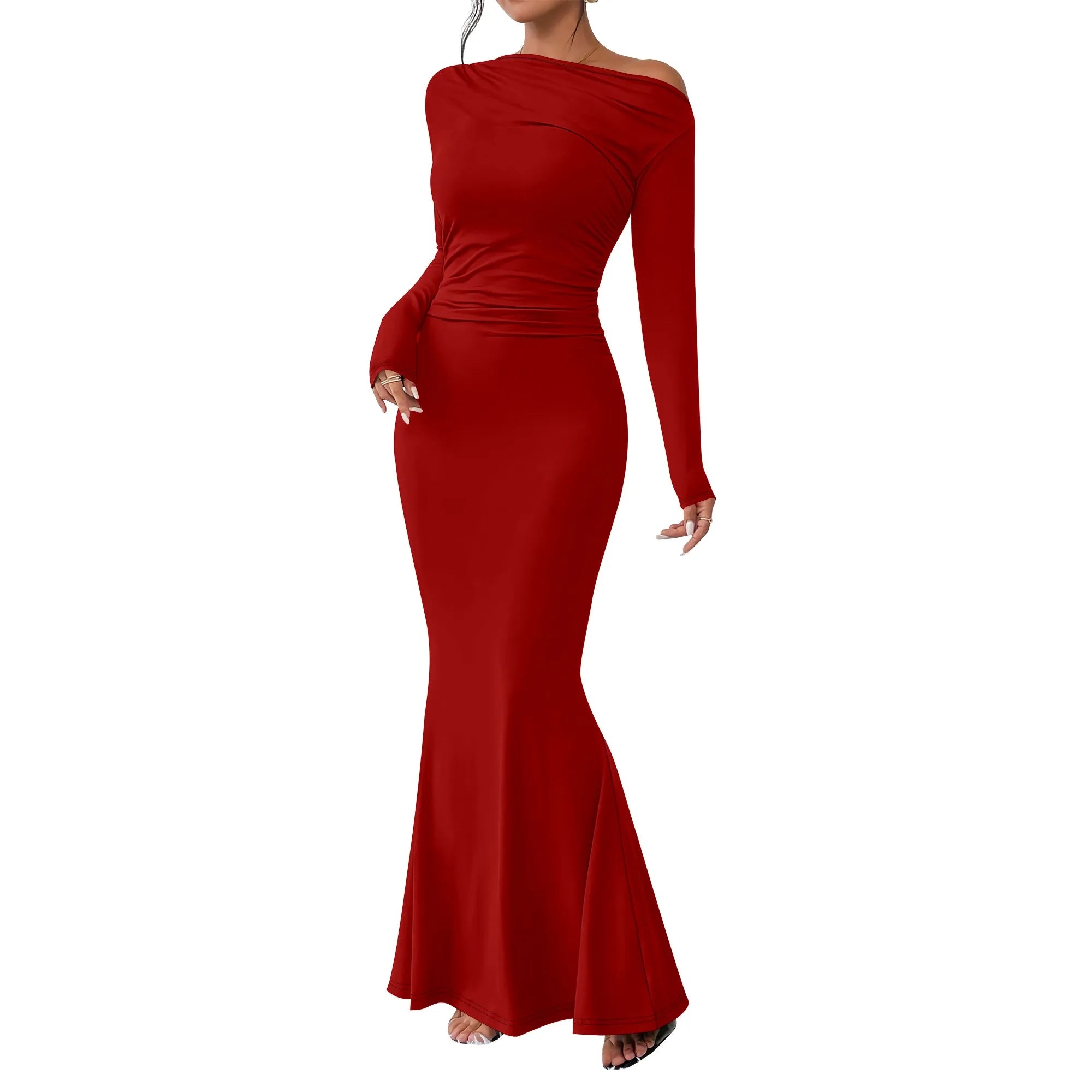Women's Crew Neck Ruched Bodycon Maxi Dress Long Sleeve Slim Fit Elegant Flared Evening Cocktail Party Dresses