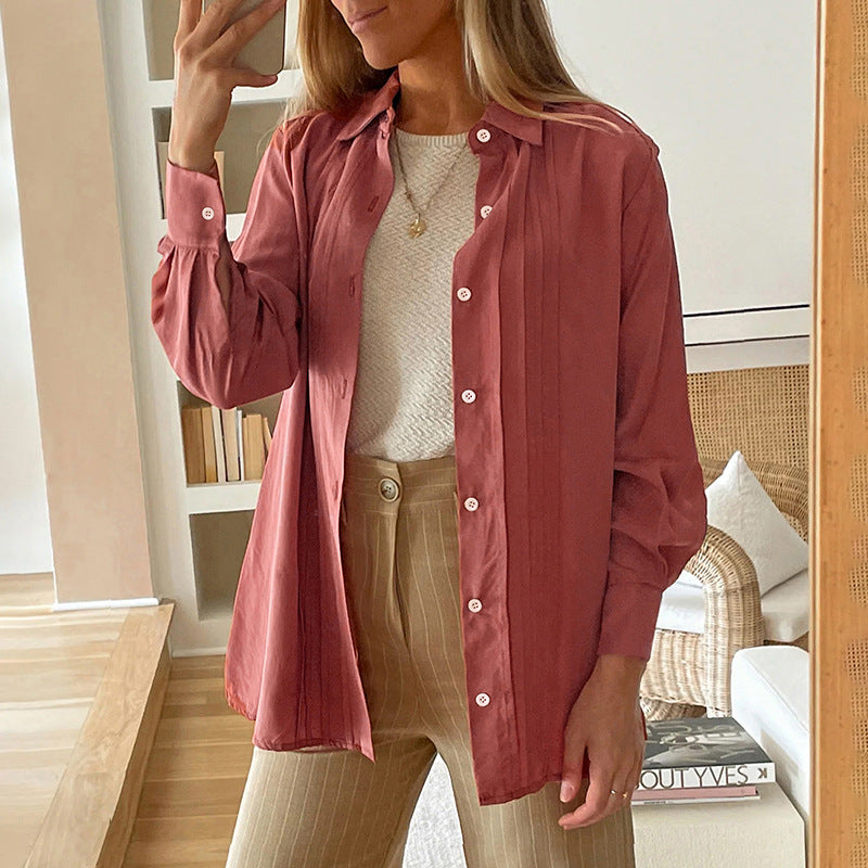 Women's collar long sleeved solid color shirt