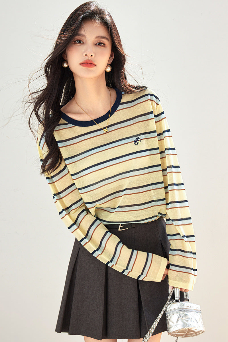 Striped Long Sleeve T-Shirt Ice Silk Sun Protection CardiganAutumn Wear