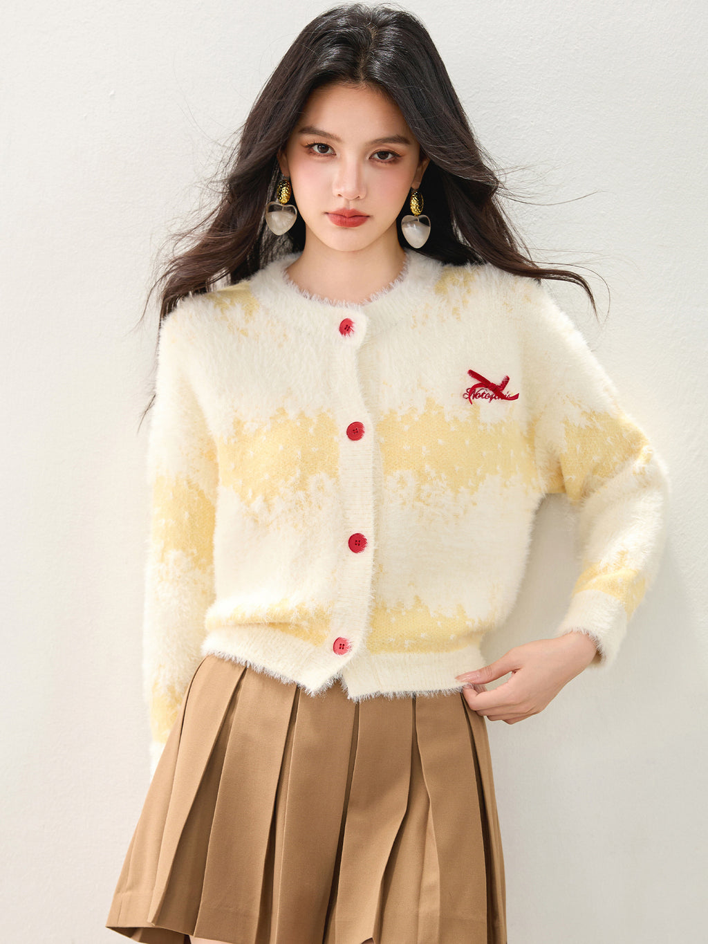 Cute Butter Yellow Long Hair Gradient Stripe Lazy Style Cardigan Sweater, Loose Fit, Bow Detail, Casual Fashion