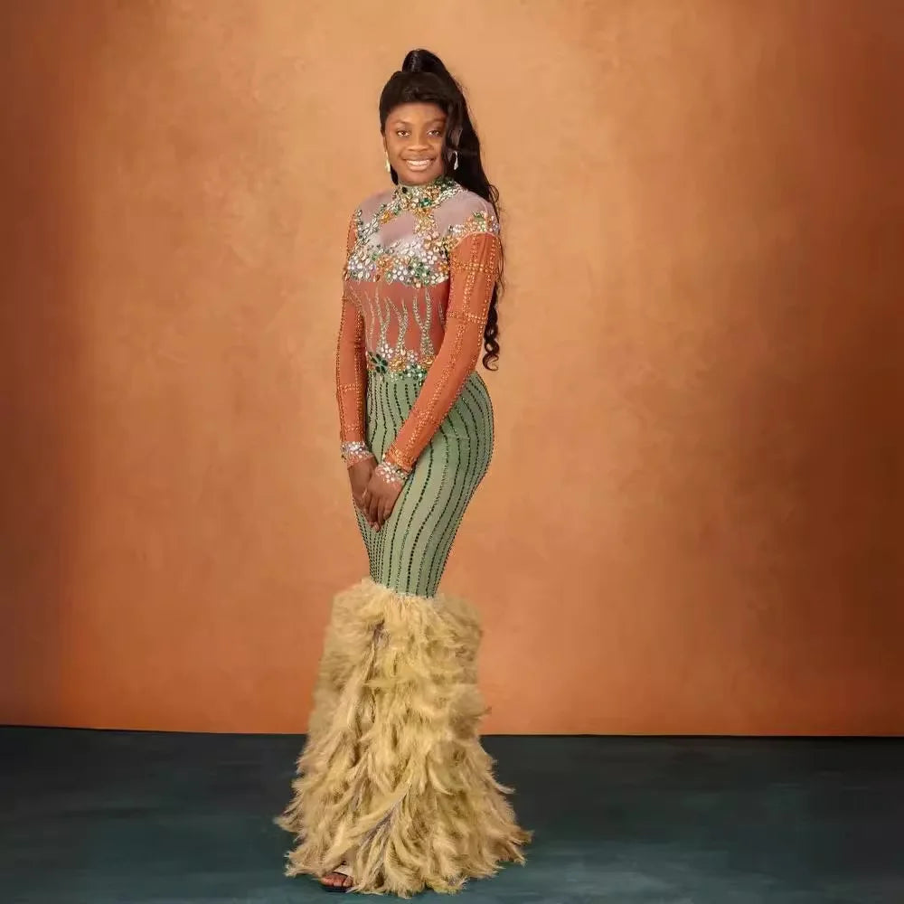 Diamond Birthday Clothing New Year's Shiny Diamond Yellow Feather Fancy Evening Dress Elegant Dinner Network Luxury Prom Dresses