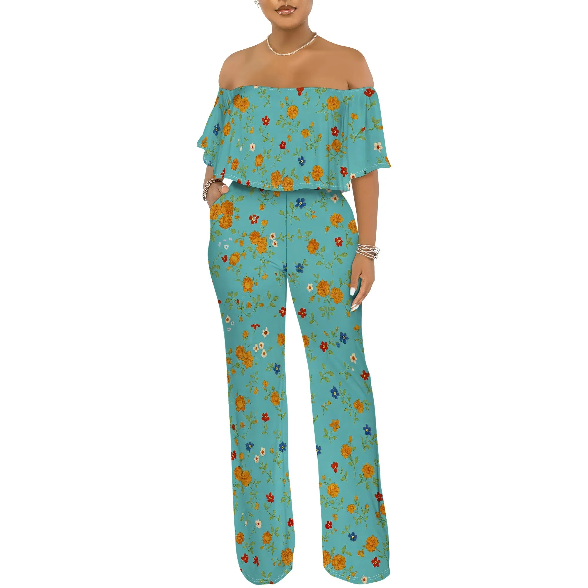 Off Shoulder Tube Top Ruffle Floral Print Jumpsuits for Women Wide Leg Pants Club Party Outfits Jumpsuit with Pockets