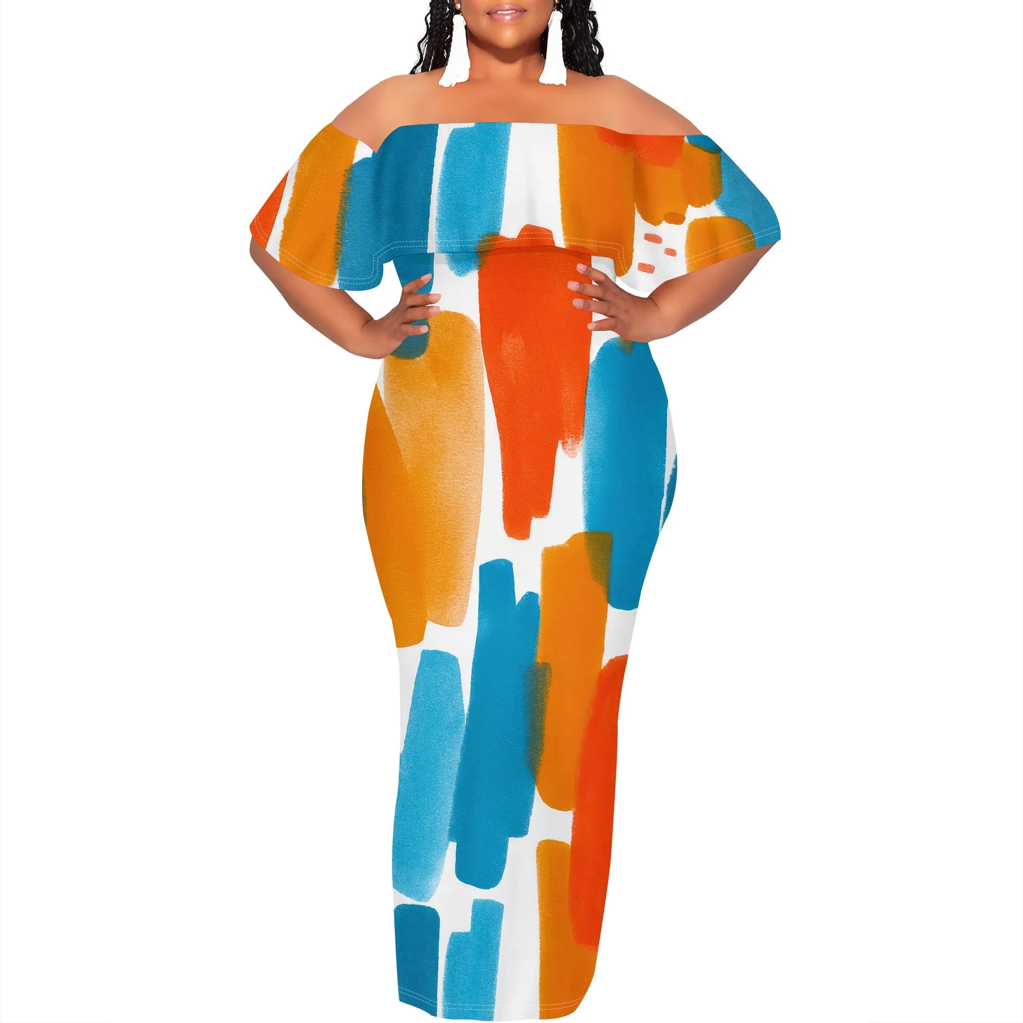 Curvy Women Casual Solid Color Off Shoulder Casual Short Sleeve Sexy Plus Size Maxi Dress Cocktail Club Party Dresses