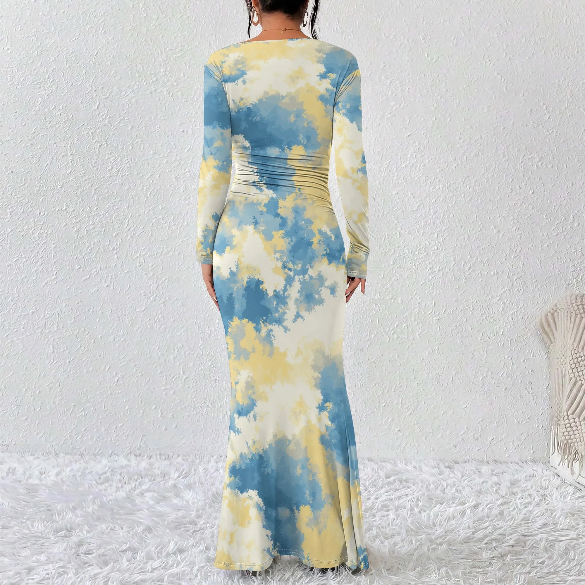 Vestido largo ajustado con cuello redondo y fruncido para mujer, manga larga, corte entallado, elegante, acampanado, para noche, cóctel o fiesta. 