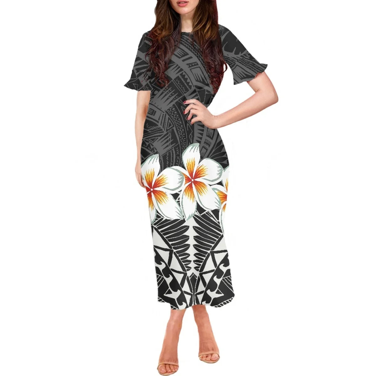 Summer Flowers Polynesian Tiare Monoi Tattoo Dress Hawaiian Style Women's Ruffle Short Sleeve Dress Casual Clothing
