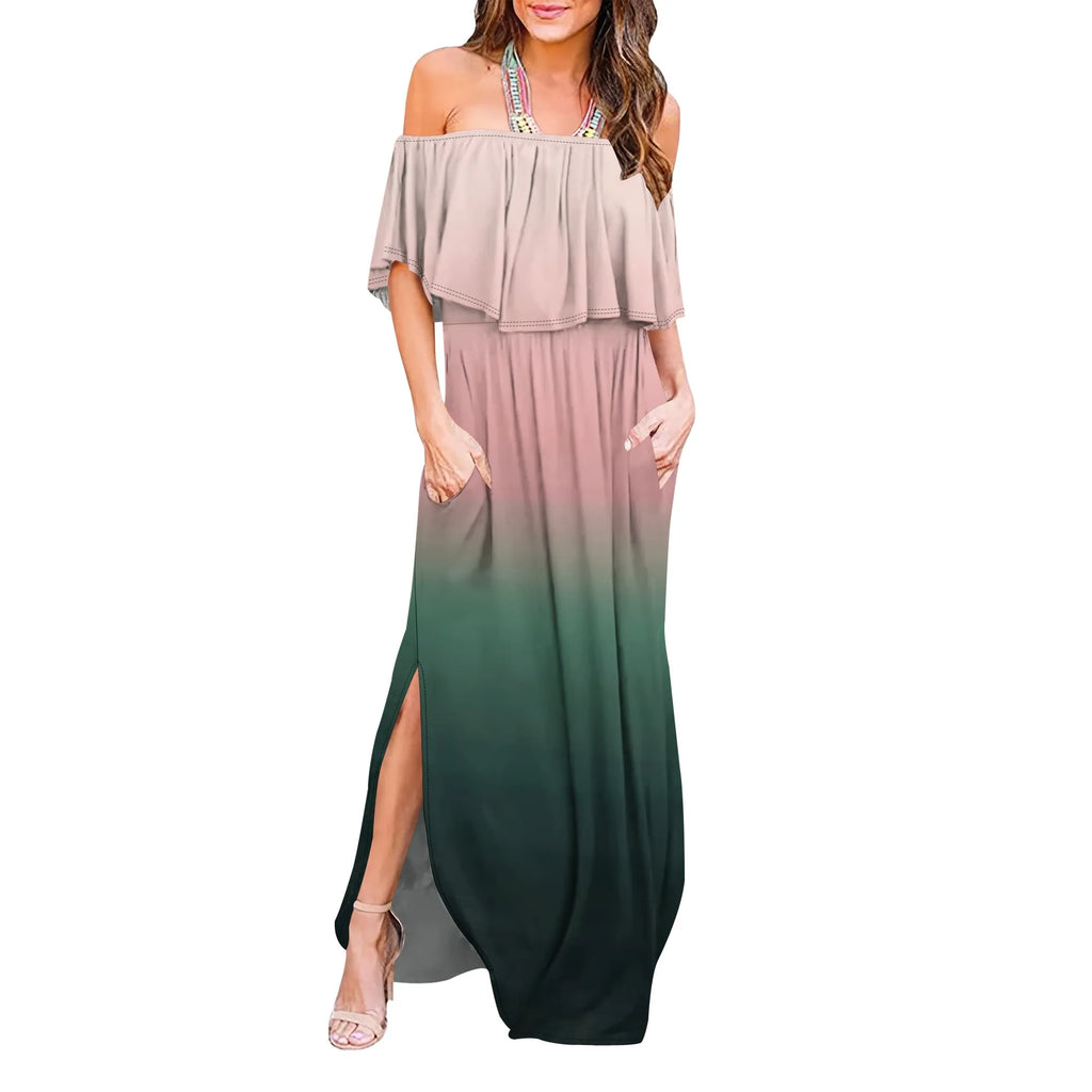 Womens Off The Shoulder Ruffle Party Dresses Side Split Beach Maxi Dress