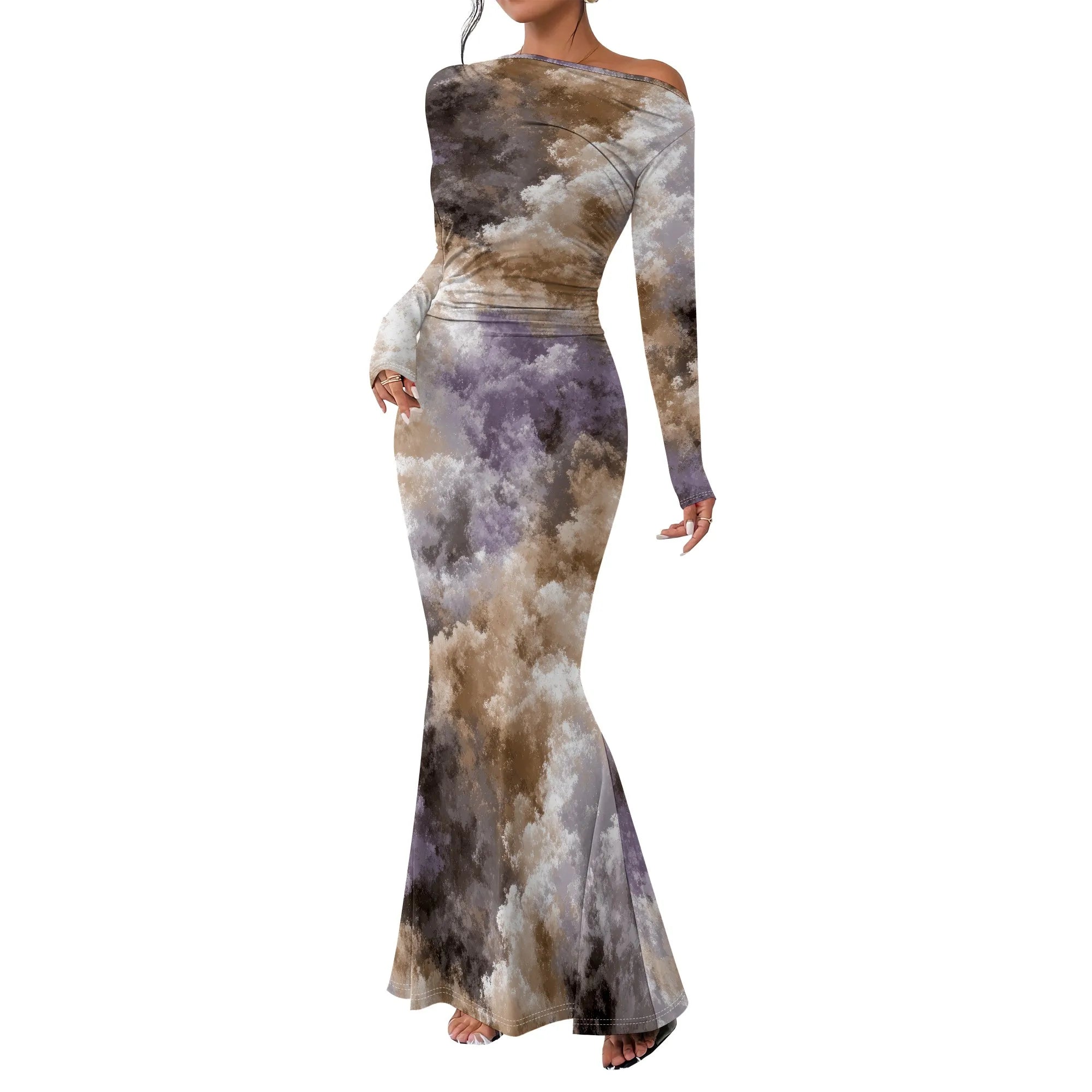 Women's Crew Neck Ruched Bodycon Maxi Dress Long Sleeve Slim Fit Elegant Flared Evening Cocktail Party Dresses