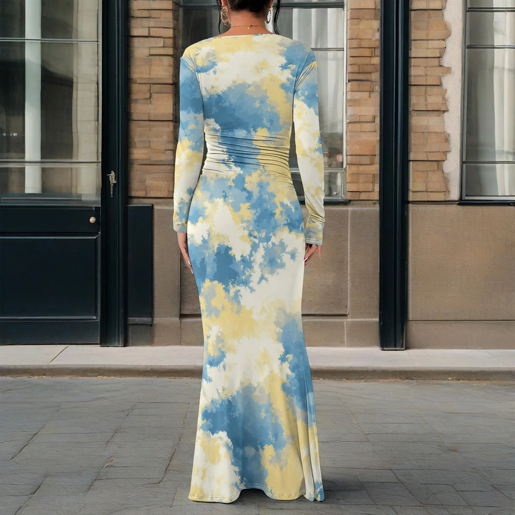 Vestido largo ajustado con cuello redondo y fruncido para mujer, manga larga, corte entallado, elegante, acampanado, para noche, cóctel o fiesta. 