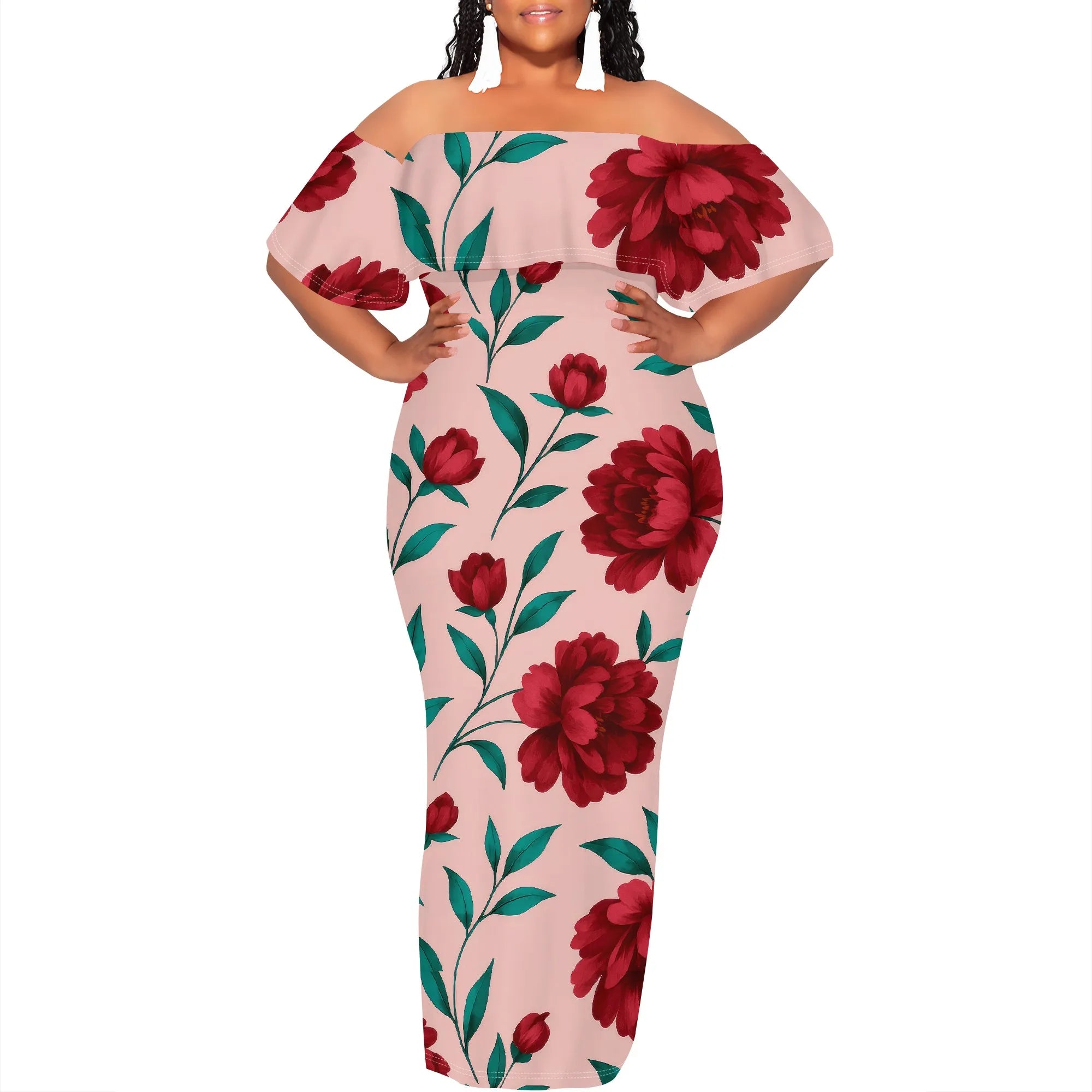 Curvy Women Casual Solid Color Off Shoulder Casual Short Sleeve Sexy Plus Size Maxi Dress Cocktail Club Party Dresses