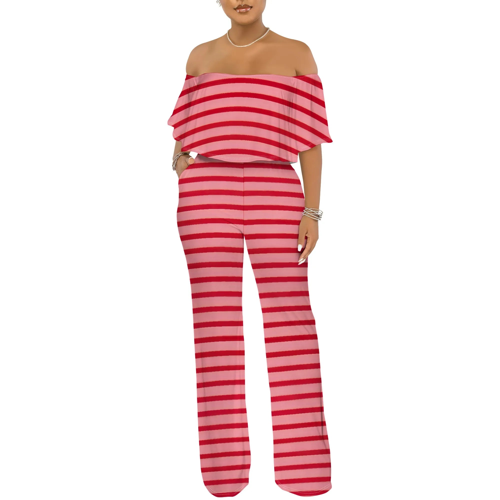 Off Shoulder Tube Top Ruffle Floral Print Jumpsuits for Women Wide Leg Pants Club Party Outfits Jumpsuit with Pockets