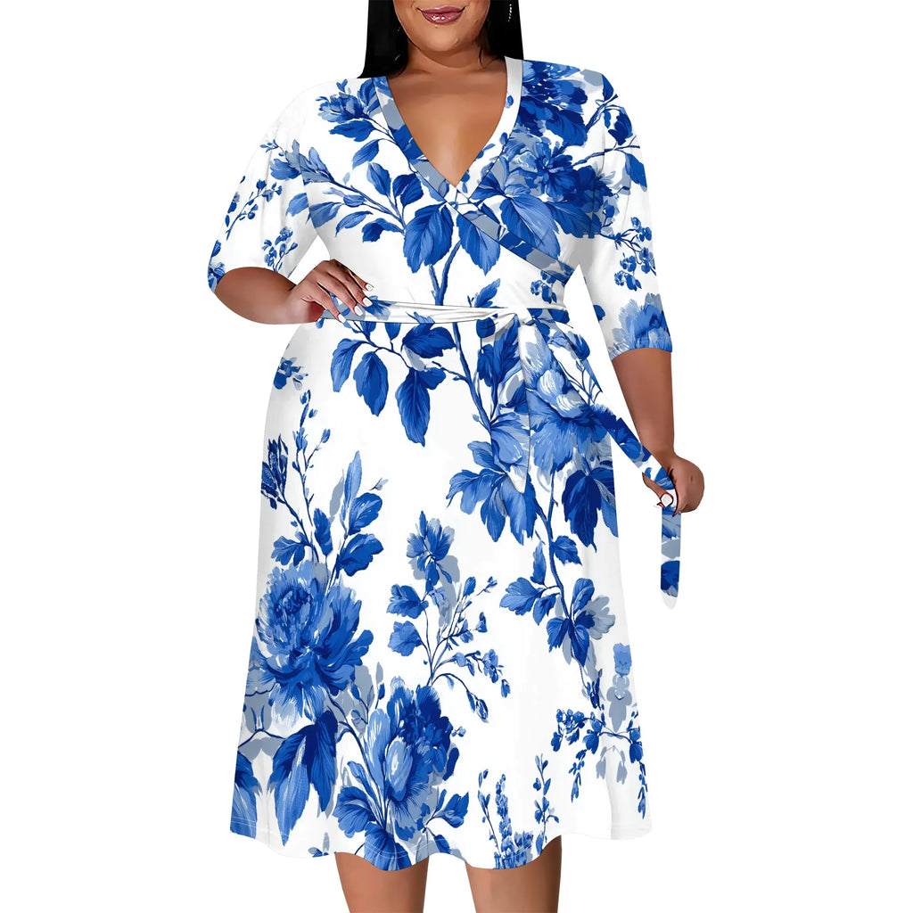 Plus Size V-Neck Wrap Midi Dress Purple Swirl Floral Print 3/4 Sleeve Elegant Look