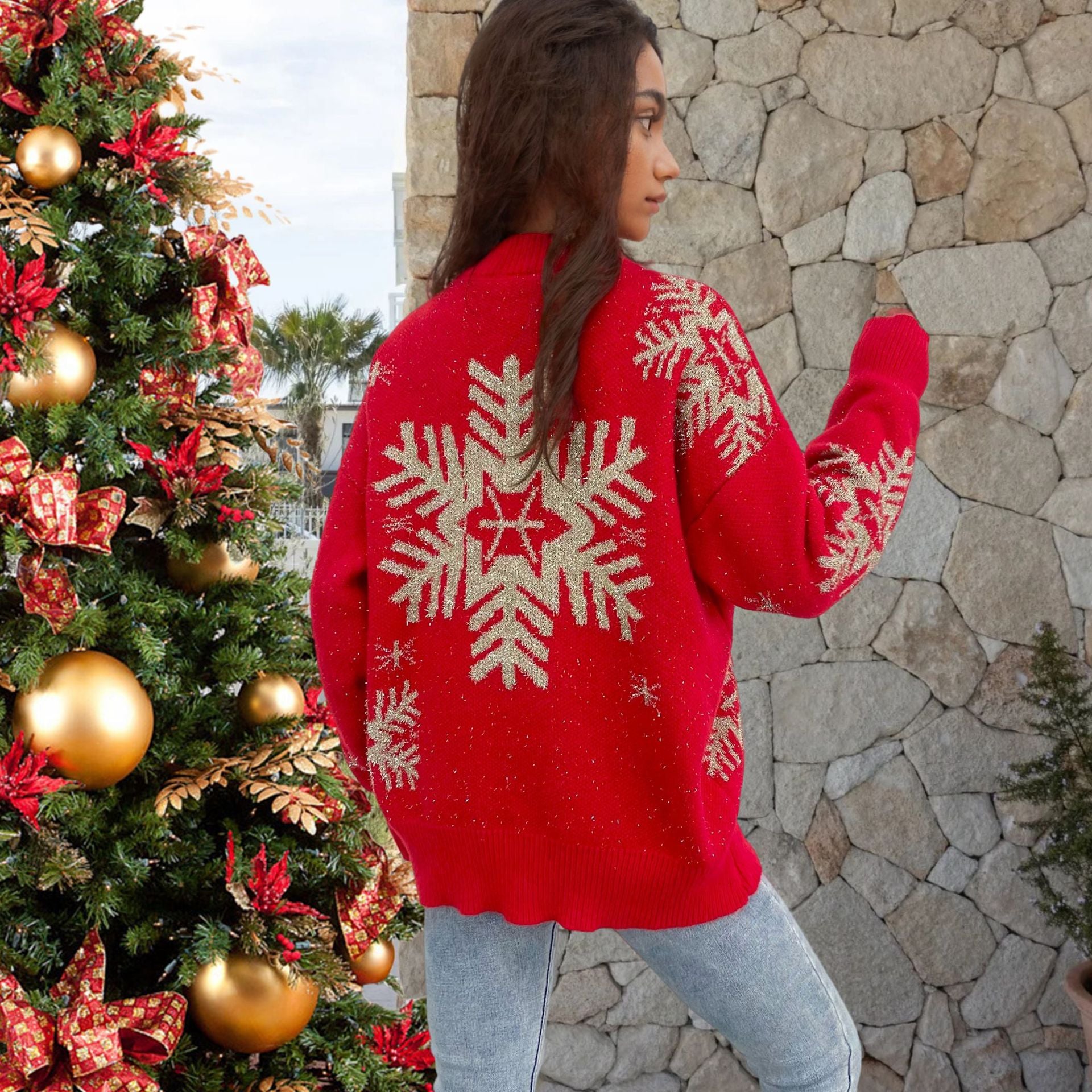Red snowflake color blocked sweater loose Christmas round neck knit sweater