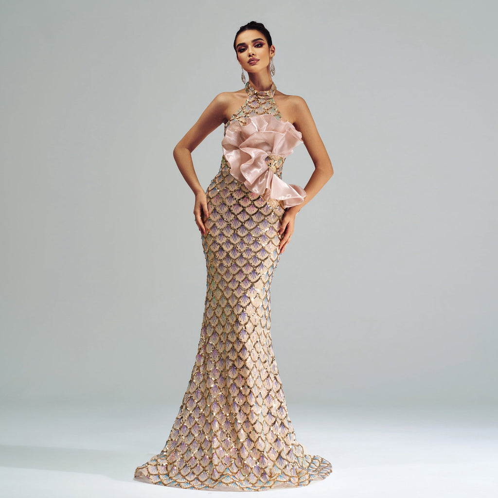 “Champagne Glam” Halter Mermaid Dress – Luxury for Elite Occasions