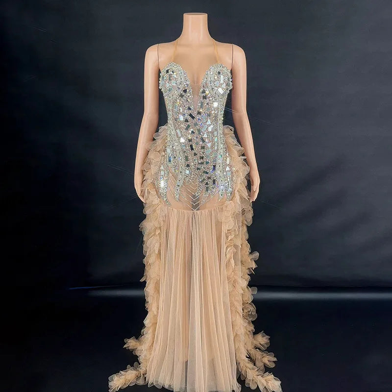 Performance Costume Nightclub Bar Mesh Slim Fit Wedding Master Of Ceremonies Model Walk Show Banquet Party Mini Vestido Sexy Hot