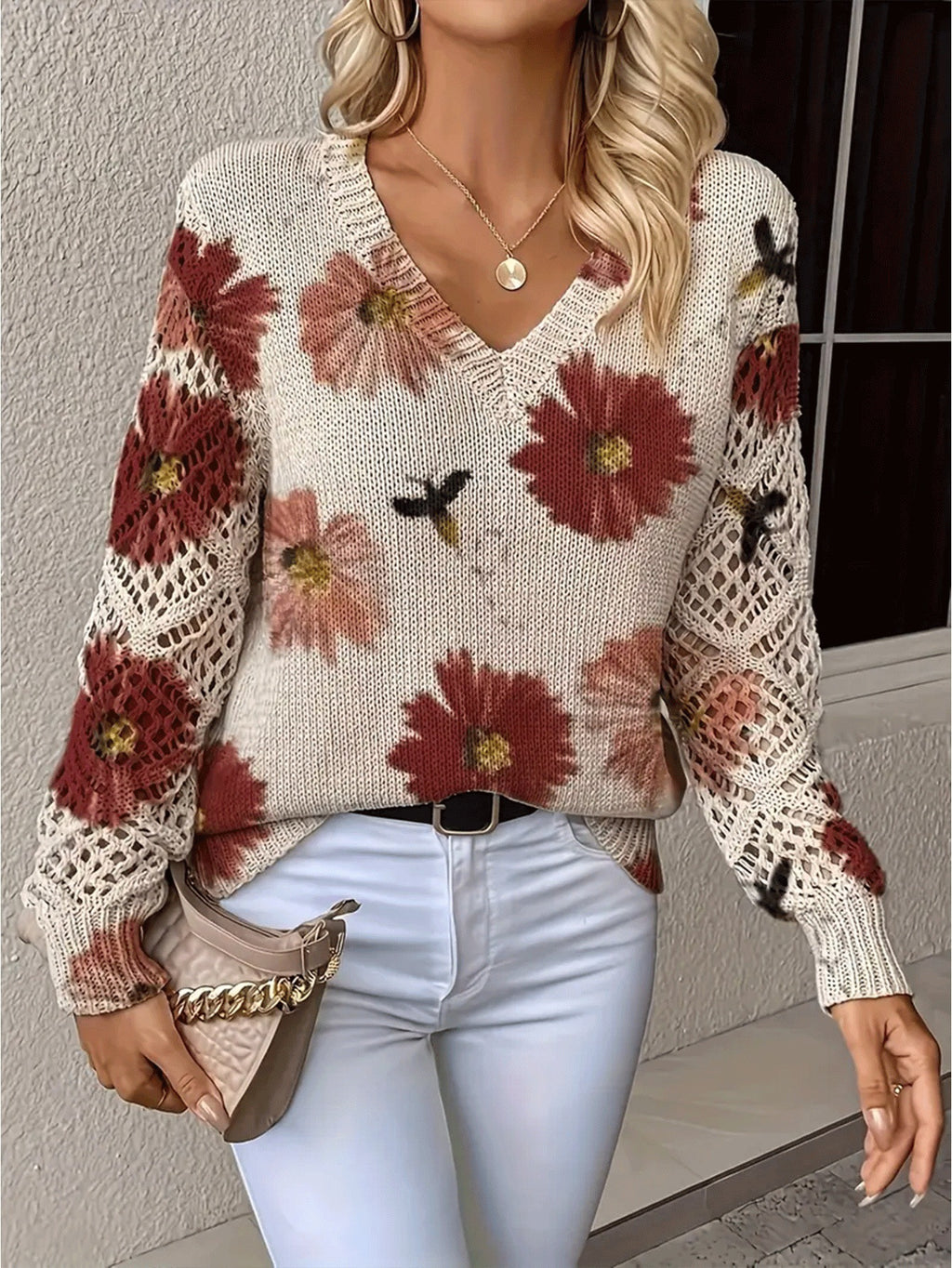 Printed sweater elegant bohemian floral V-neck long sleeved top