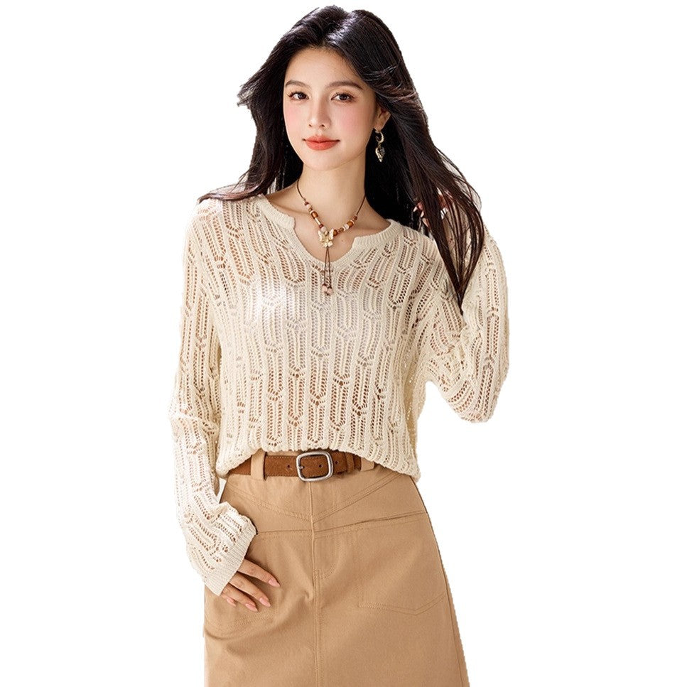 French-style Solid Color Knit Sweater, Loose Fit, Long Sleeve, Breathable, Hollow-out Design, Fashionable Casual Layering Top, Comfortable