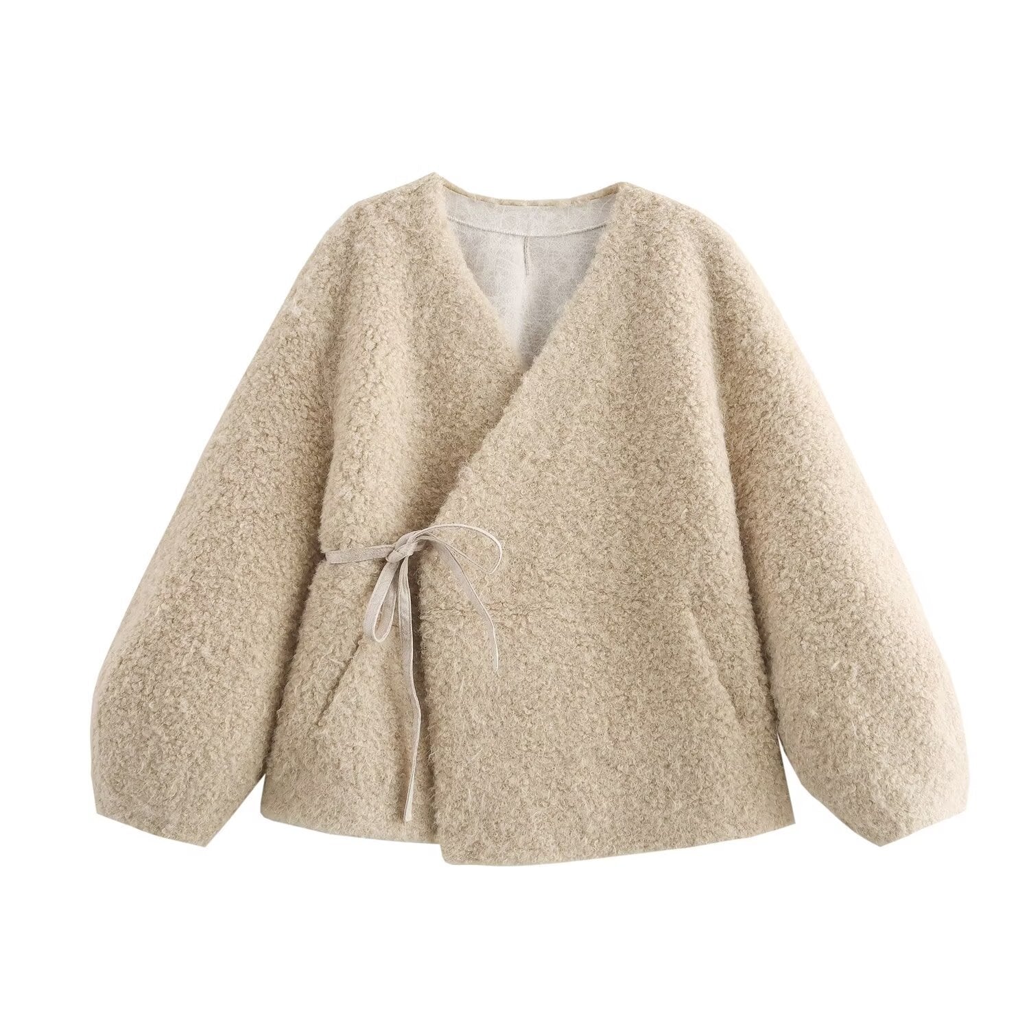 European and American autumn new style V-neck long sleeved lace up sheeproll fur one-piece coat for women