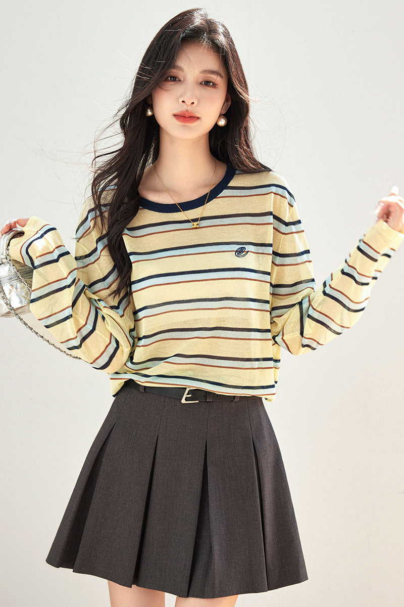Striped Long Sleeve T-Shirt Ice Silk Sun Protection CardiganAutumn Wear