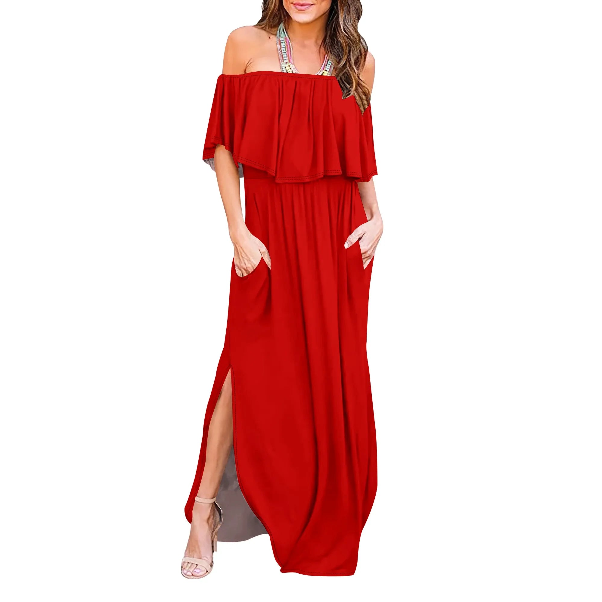 Womens Off The Shoulder Ruffle Party Dresses Side Split Beach Maxi Dress