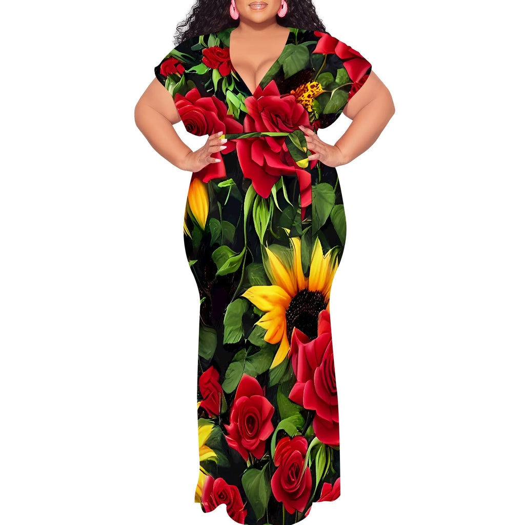 Plus Size Floral Print Maxi Dress V Neck Summer Casual Elegant Long Dress for Women