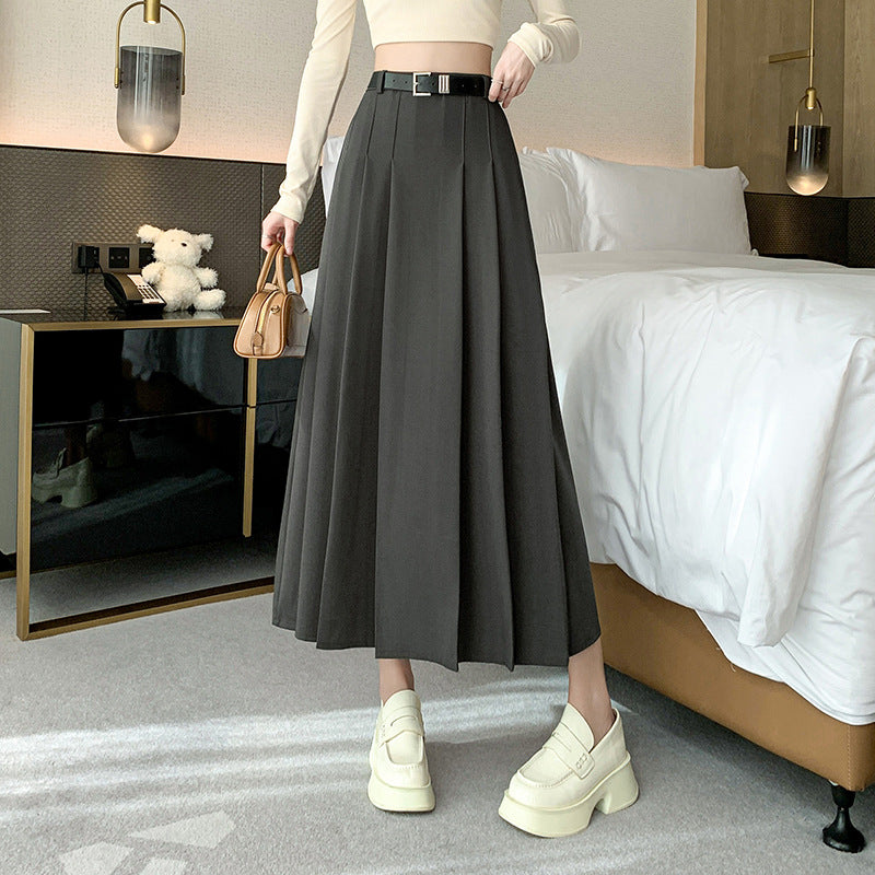 Mid-length A-line Skirt for Women High Waist Pleated Long Skirt Office Style Over-the-Knee Suit Style Umbrella Skirt