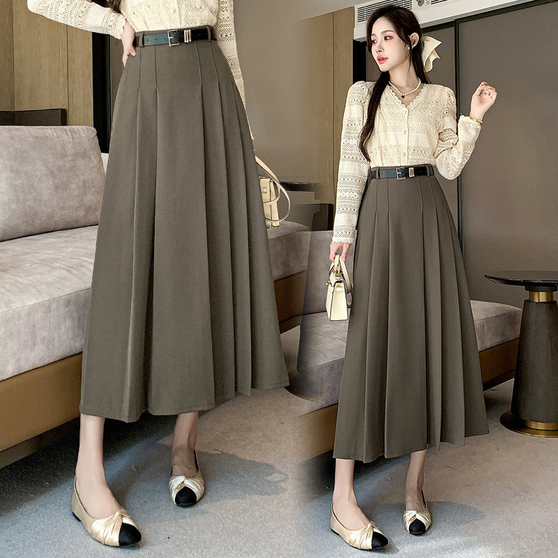 Mid-length A-line Skirt for Women High Waist Pleated Long Skirt Office Style Over-the-Knee Suit Style Umbrella Skirt