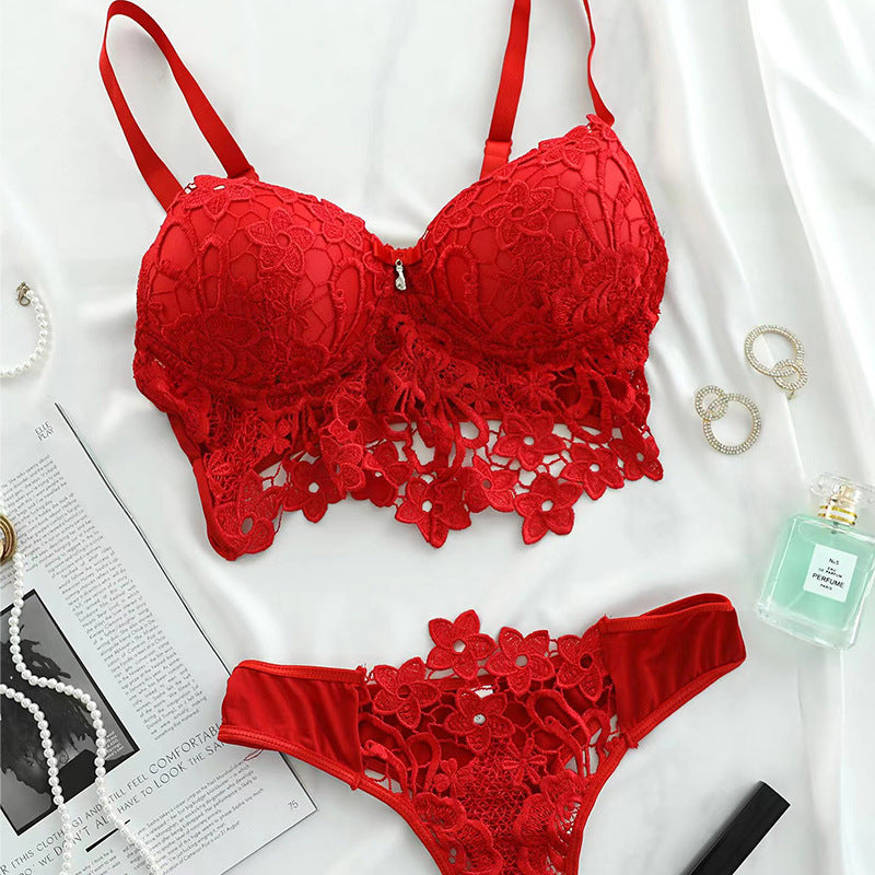 Lencería sexy transfronteriza seductora de tres piezas transparente sin espalda con ribete de encaje tentador conjunto de dos piezas