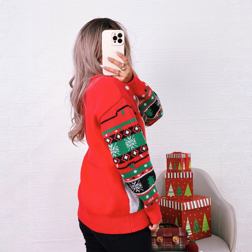 Cartoon Deer Knitted Sweater Round Neck Color Contrast Warm Loose Women's Sweater