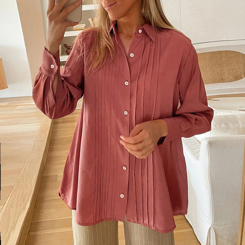 Women's collar long sleeved solid color shirt
